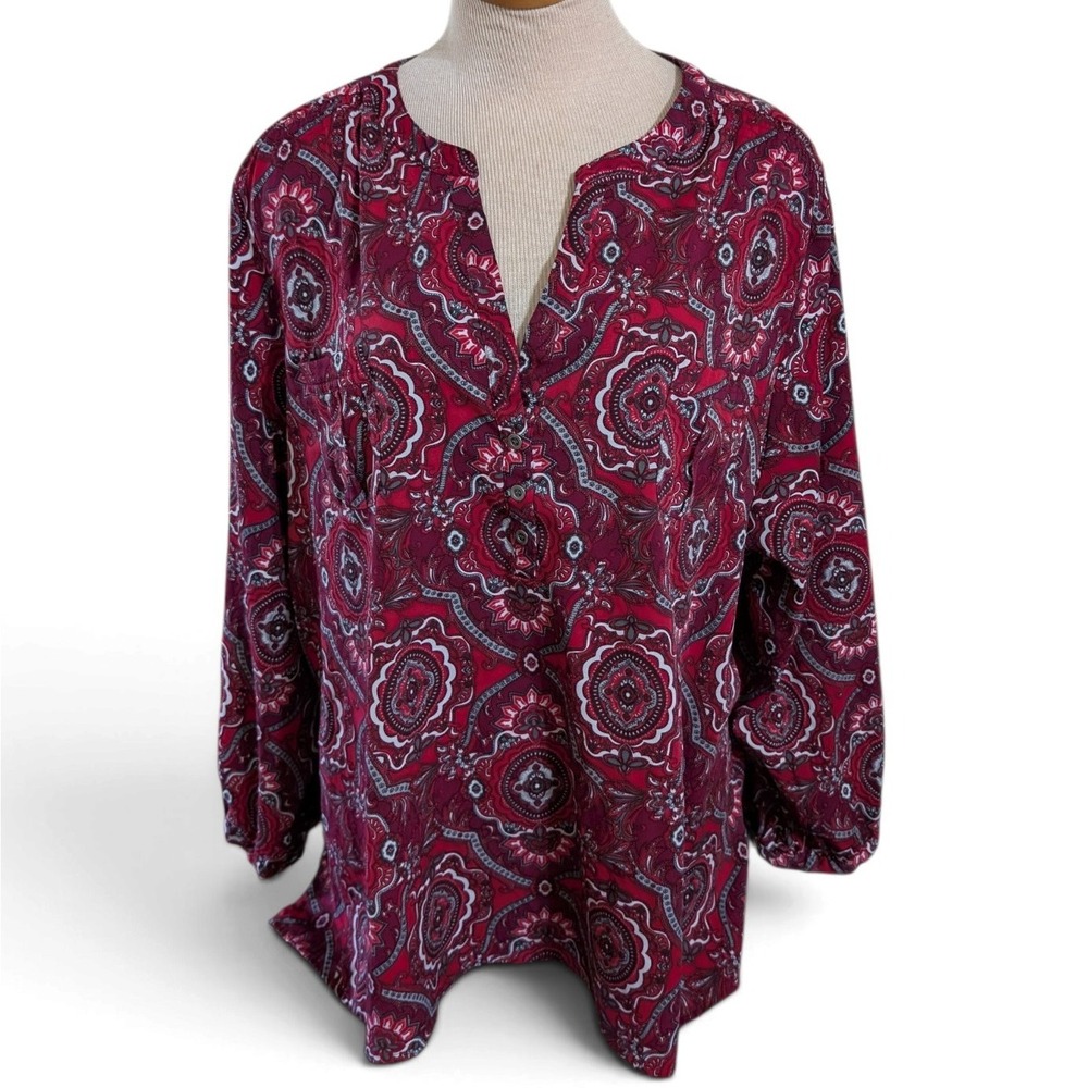 Croft & Barrow Top Womens 3X Burgundy Paisley 3/4 Sleeve Stretch Henley Blouse